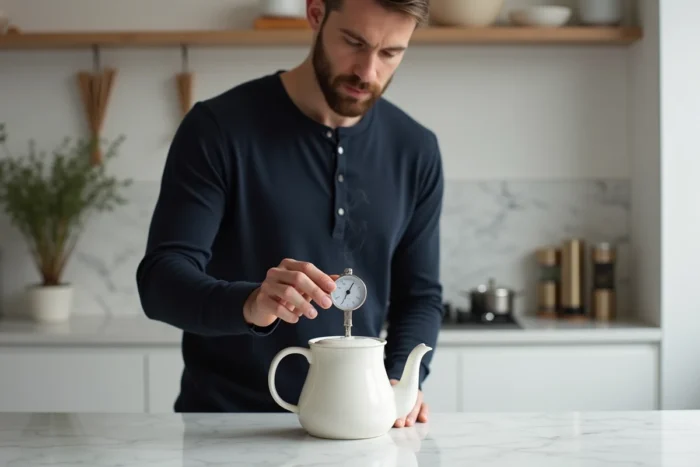 Homme mesurant la température de l'eau dans une théière en céramique avec un thermomètre analogique sur un plan de travail en marbre dans une cuisine scandinave