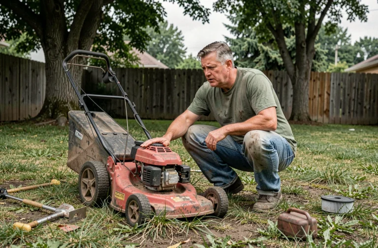 Homme accroupi qui examine sa tondeuse à essence en panne dans un jardin suburban, avec des outils éparpillés autour de lui