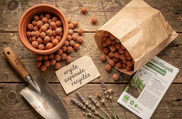 Vue de dessus de billes d'argile usagées triées sur un établi en bois avec étiquette de recyclage et guide écologique