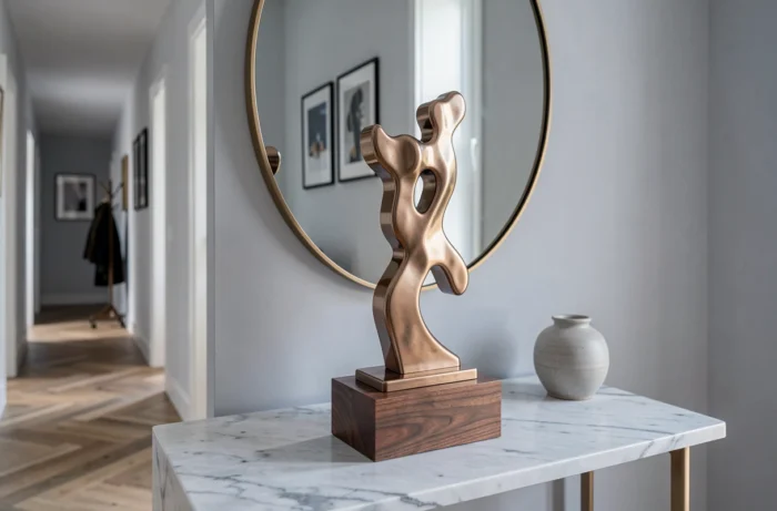 Trophée décoratif en bronze sur une console en marbre dans un couloir contemporain avec parquet en chevrons