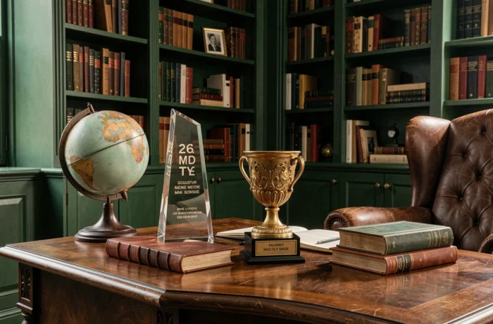 Bureau bibliothèque avec trophées décoratifs en acrylique et dorure sur fond de bibliothèque en bois et murs vert foncé