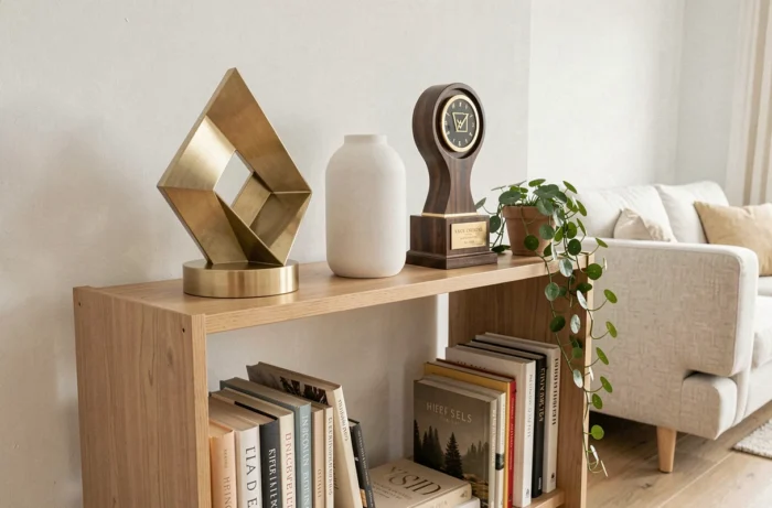 Étagère de salon moderne décorée de trophées décoratifs en laiton, céramique et bois dans un intérieur scandinave