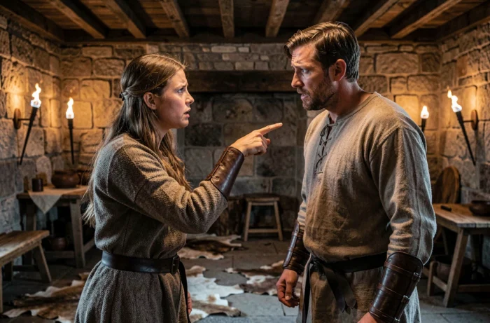Dispute intense entre un guerrier saxon et une femme nordique dans une salle en pierre médiévale illustrant le conflit entre Uhtred et Brida dans The Last Kingdom