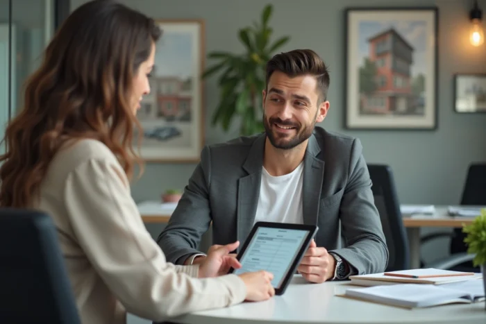 Locataire et conseiller immobilier examinant un dossier de garantie locative Visale sur tablette