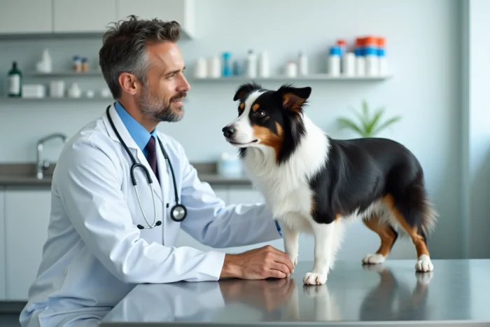 Vétérinaire examinant un border collie lors d'une consultation couverte par une assurance animaux