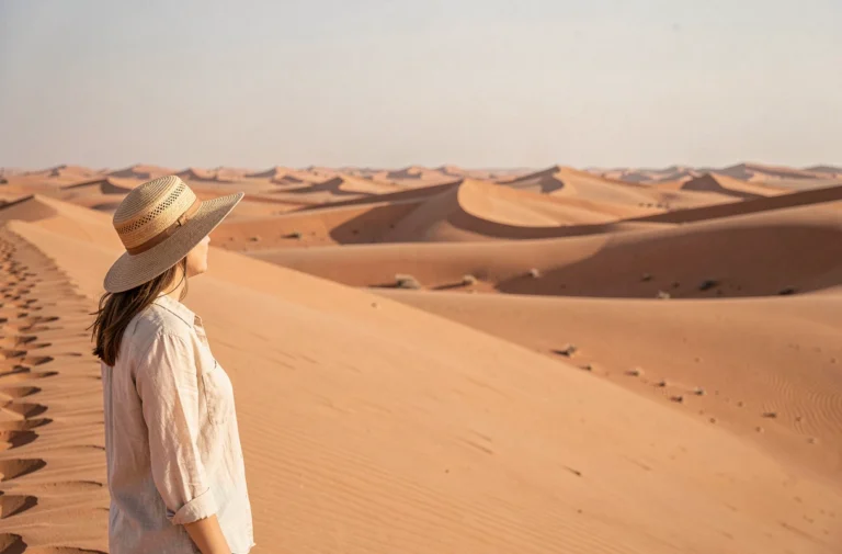 Voyageuse contemplant les dunes de sable rouge du Sahara en Afrique lors d'un voyage inoubliable