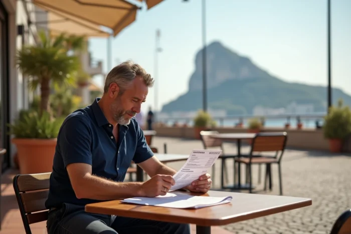 Voyageur consultant ses documents de voyage et visa devant le Rocher de Gibraltar