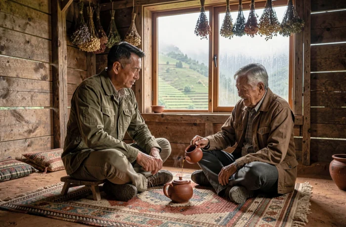 Voyageur en conversation authentique avec un habitant local dans une maison de thé rustique de montagne, ambiance de voyage curieux et interculturel