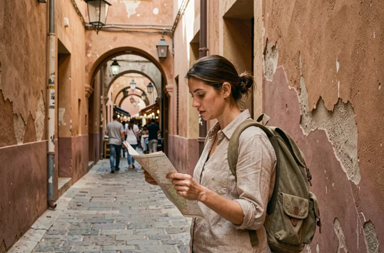 Voyageuse solo explorant une ruelle historique d'une médina avec une carte papier à la main, ambiance de voyage authentique et découverte culturelle