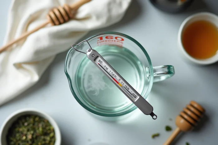 Vue de dessus d'un verre doseur avec thermomètre inox indiquant 60 degrés entouré d'accessoires de thé sur une surface en pierre grise
