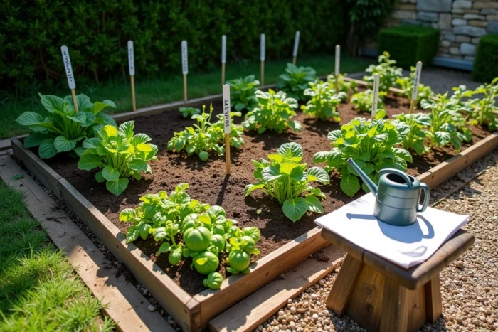Vue d'ensemble d'un potager débutant de 12 m² divisé en sections légumières avec des tuteurs et un plan de jardin posé sur un tabouret en bois
